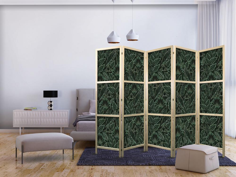 Japanese Room Divider - Dense Vegetation - Botanical Patterns in Illustrative Style Green