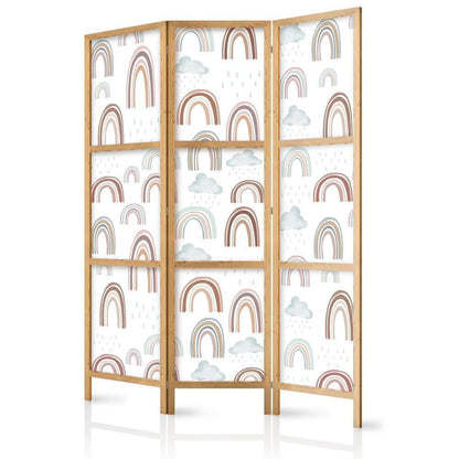 Japanese Room Divider - Rainbows and Clouds - Various-sized rainbows in muted colors among rain clouds in a pale blue shade