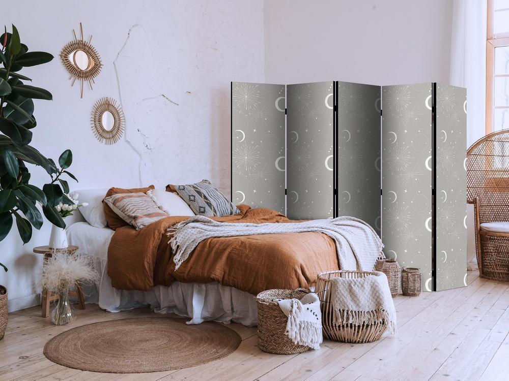 Room Divider - Cosmic Fireworks - Elegant Pattern with Moons and Stars on a Gray Background- A 5 Panel Folding Screen For Living rooms, bedrooms or home office, decorative folding screen made with wood and canvas