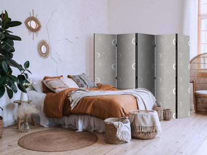 Room Divider - Cosmic Fireworks - Elegant Pattern with Moons and Stars on a Gray Background- A 5 Panel Folding Screen For Living rooms, bedrooms or home office, decorative folding screen made with wood and canvas