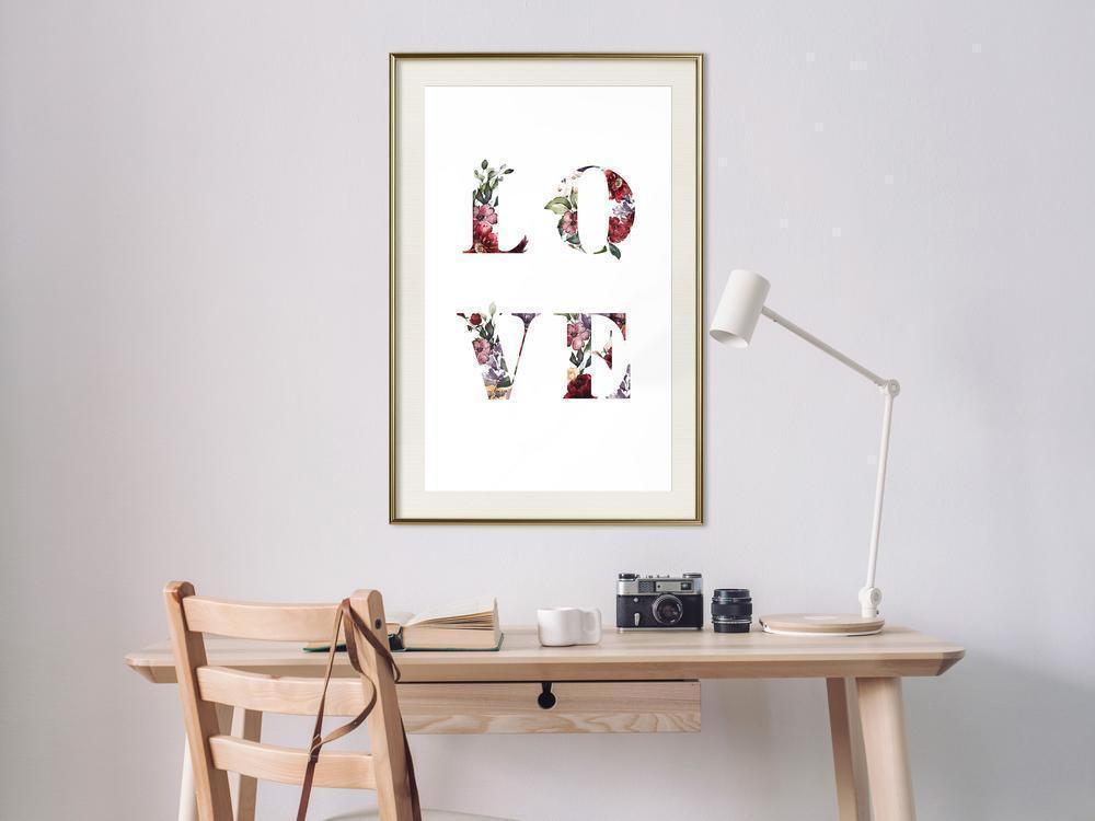 Typography Framed Art Print - Floral Love-artwork for wall with acrylic glass protection