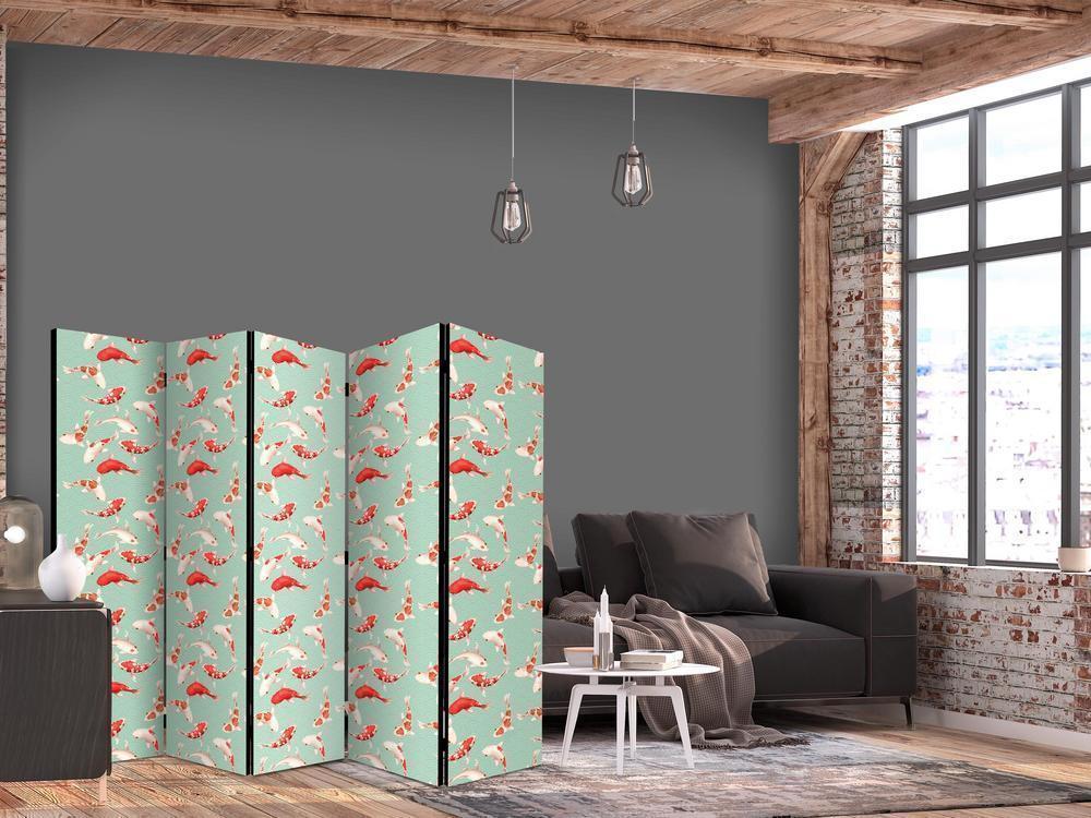 Room Divider - Fish And Japanese Pattern - Koi Fish in Orange-Cream Colors on a Green-Mint Background With An Oriental Pattern- A 5 Panel Folding Screen For Living rooms, bedrooms or home office, decorative folding screen made with wood and canvas