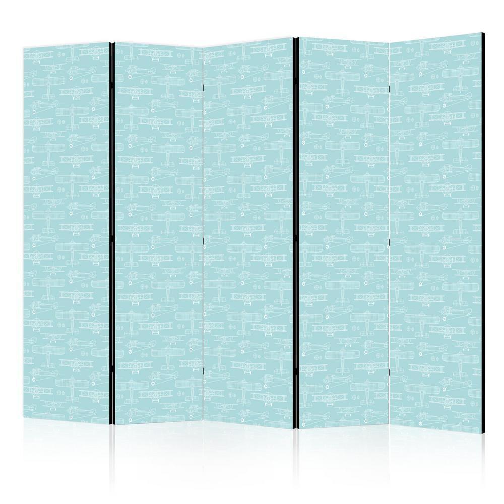 Room Divider - Sketch - Outline of an Airplane in White on a Turquoise Background- A 5 Panel Folding Screen For Living rooms, bedrooms or home office, decorative folding screen made with wood and canvas