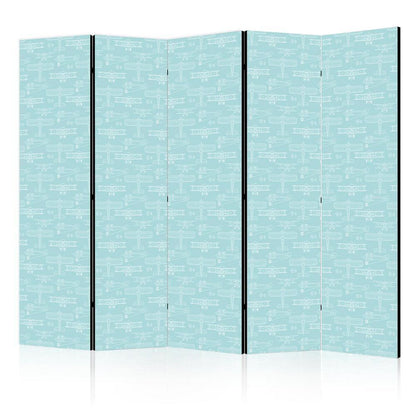 Room Divider - Sketch - Outline of an Airplane in White on a Turquoise Background- A 5 Panel Folding Screen For Living rooms, bedrooms or home office, decorative folding screen made with wood and canvas