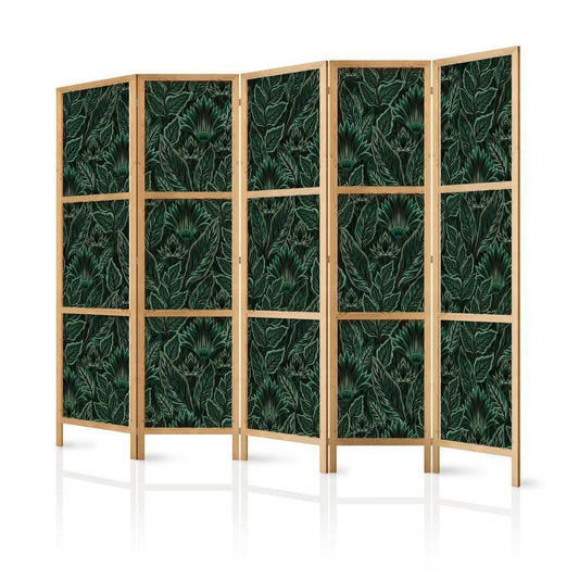 Japanese Room Divider - Dense Vegetation - Botanical Patterns in Illustrative Style Green