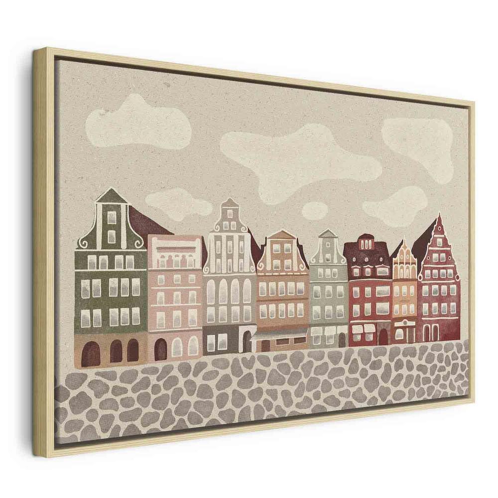 Impression sur toile - Salt Square - Maisons de ville colorées illustrées sur fond de ciel nuageux