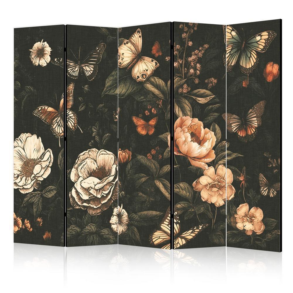 Room Divider - Mysterious Garden - Butterflies Flying Over Flowers - Rustic Evening- A 5 Panel Folding Screen For Living rooms, bedrooms or home office, decorative folding screen made with wood and canvas