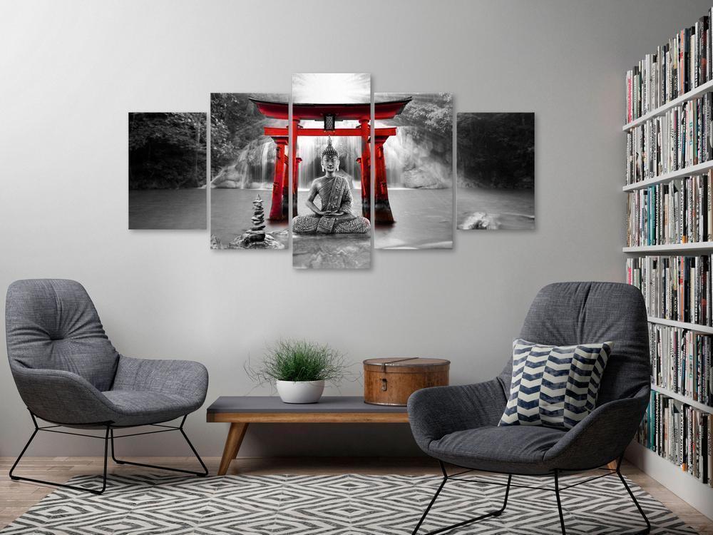 Canvas Print - Buddha Smile (5 Parts) Wide Red-ArtfulPrivacy-Wall Art Collection