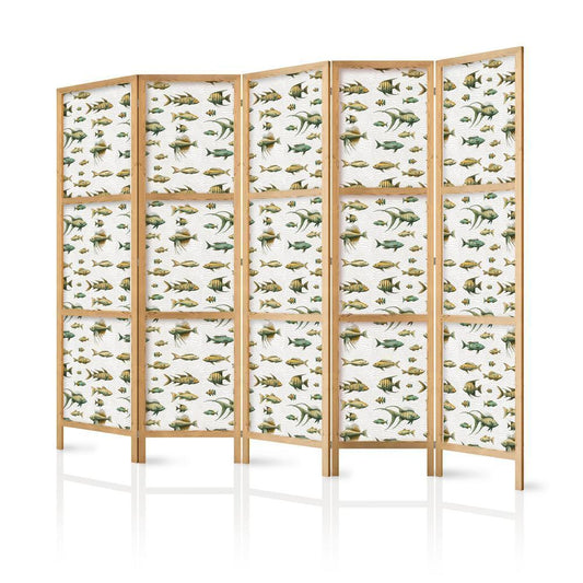 Japanese Room Divider - Fish in Beige Tones - Various Species of Fish in Beige-Brown Colors Presented in Vintage Style on a Light Background