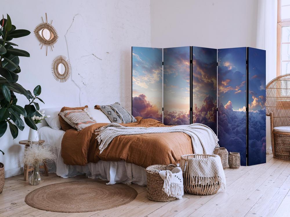 Room Divider - The Sun in Hiding: The Golden Face of the Sky Above a Cloudy Sea- A 5 Panel Folding Screen For Living rooms, bedrooms or home office, decorative folding screen made with wood and canvas