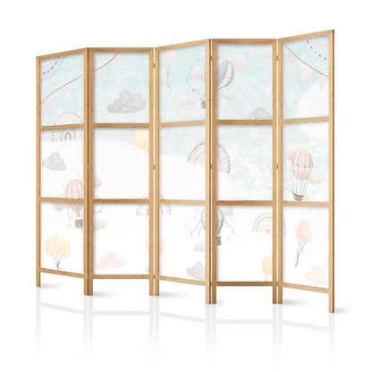 Japanese Room Divider - Balloons in the Sky - Balloons in pastel colors flying through a cloudy sky - among rainbows and stars