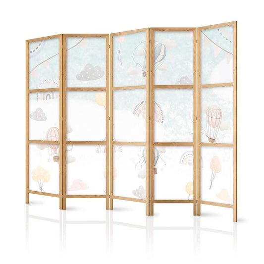 Japanese Room Divider - Balloons in the Sky - Balloons in pastel colors flying through a cloudy sky - among rainbows and stars