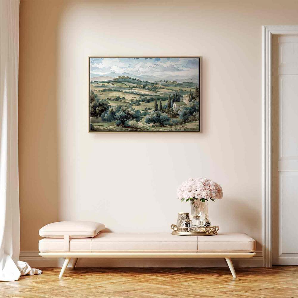 Impression sur toile - Paysage avec champs verts et arbres Vue ensoleillée de Toscane