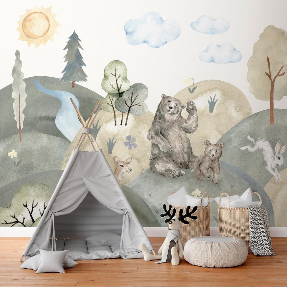 Wall Mural - Green Hills - a Valley With Animals Painted in Watercolours-Wall Murals-ArtfulPrivacy