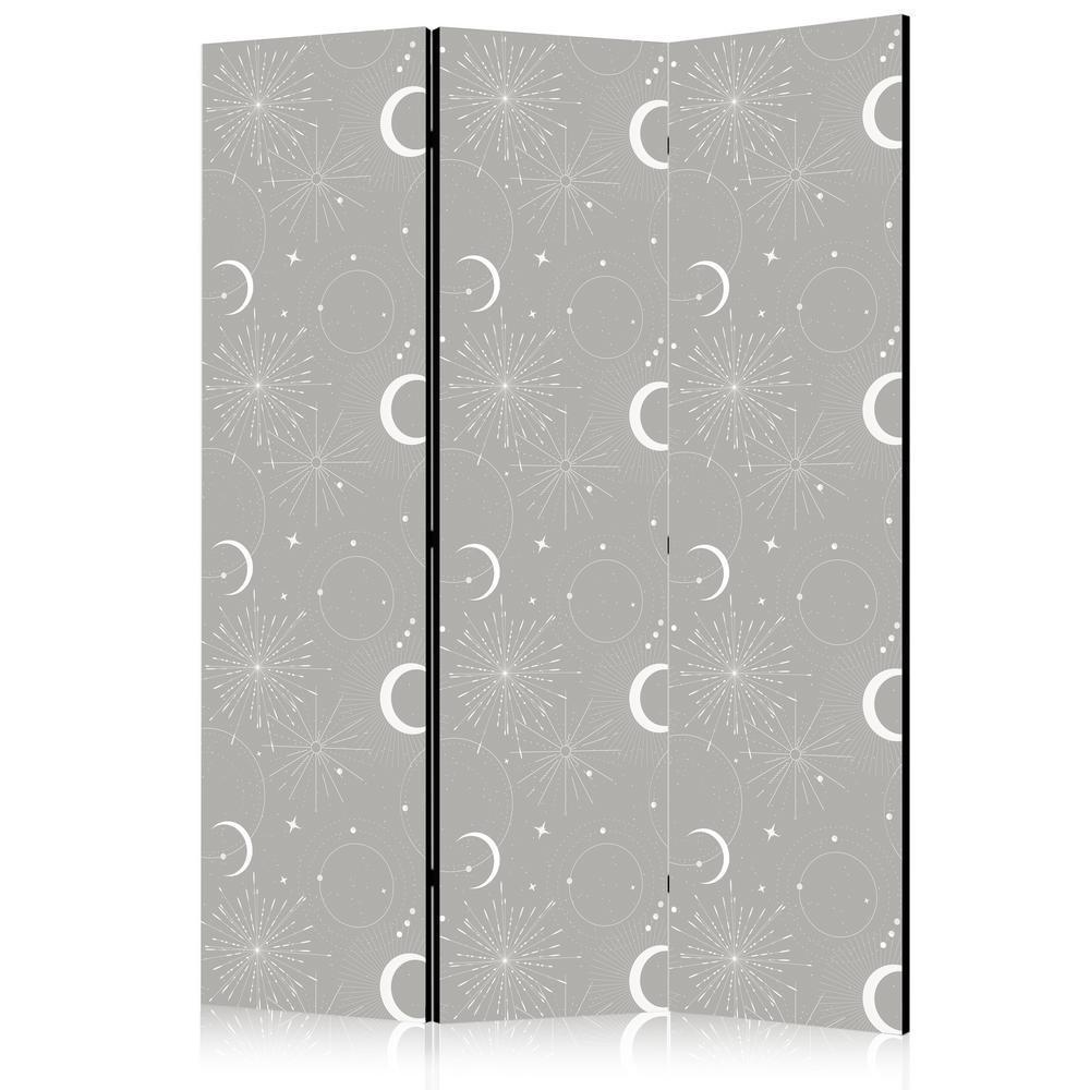 Room Divider - Cosmic Fireworks - Elegant Pattern with Moons and Stars on a Gray Background