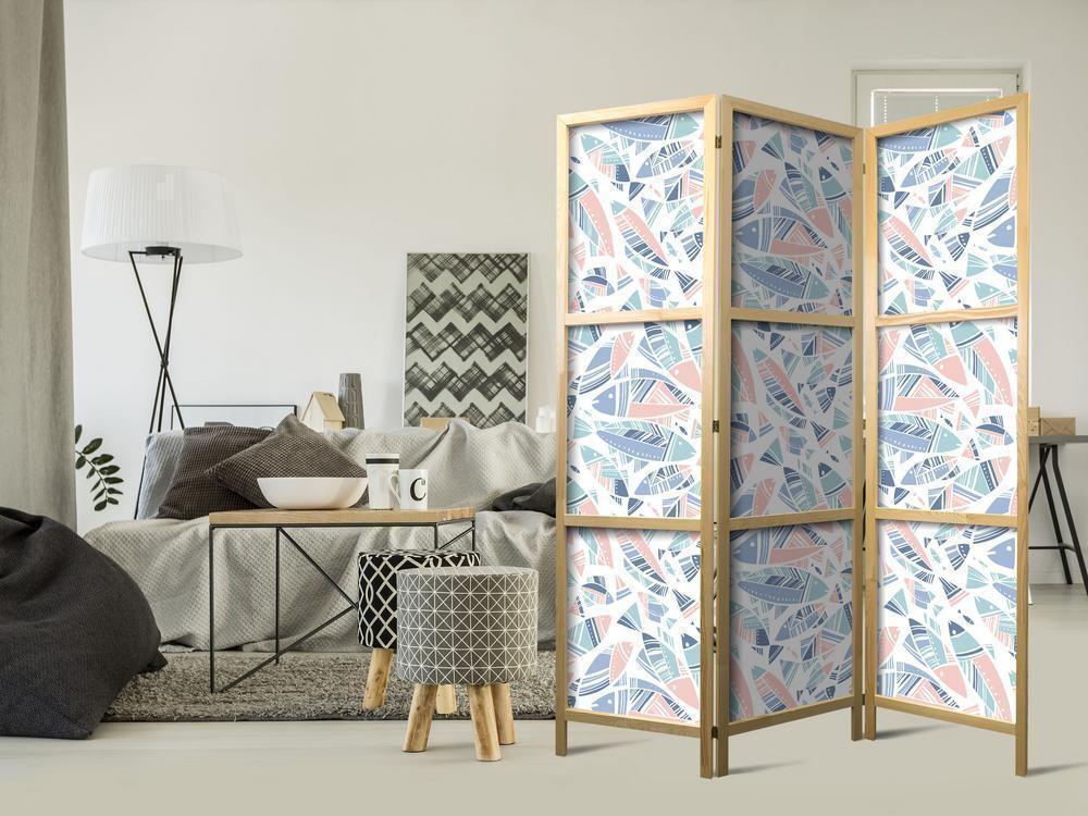 Japanese Room Divider - Fish in Minimalist Style - Fish in Aztec Style in Pastel Color Shades on a White Background