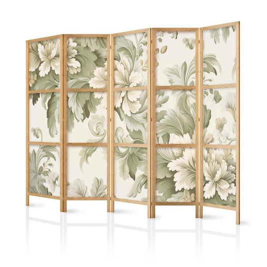 Japanese Room Divider - Retro Vintage Flowers in Delicate Cream and Green Colors