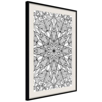 Black and White Framed Poster - Colourless Mandala-artwork for wall with acrylic glass protection