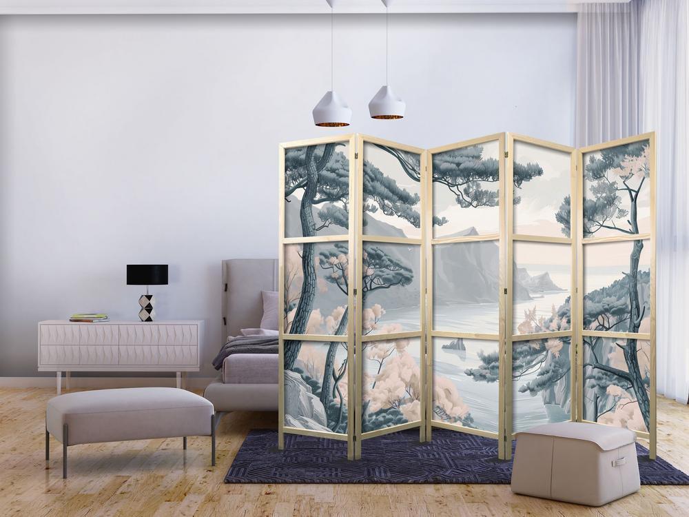 Japanese Room Divider - Mountainous Coastline with Trees and Rocks in Light Pastel Blues