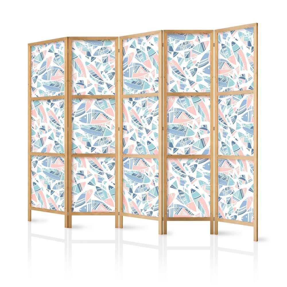 Cloison de séparation japonaise - Poissons de style minimaliste - Poissons de style aztèque dans des tons pastel sur fond blanc