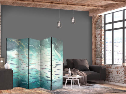 Room Divider - Escaping Fish - Very Fast Swimming Fishes in Muted Colors Among Sea Depths- A 5 Panel Folding Screen For Living rooms, bedrooms or home office, decorative folding screen made with wood and canvas