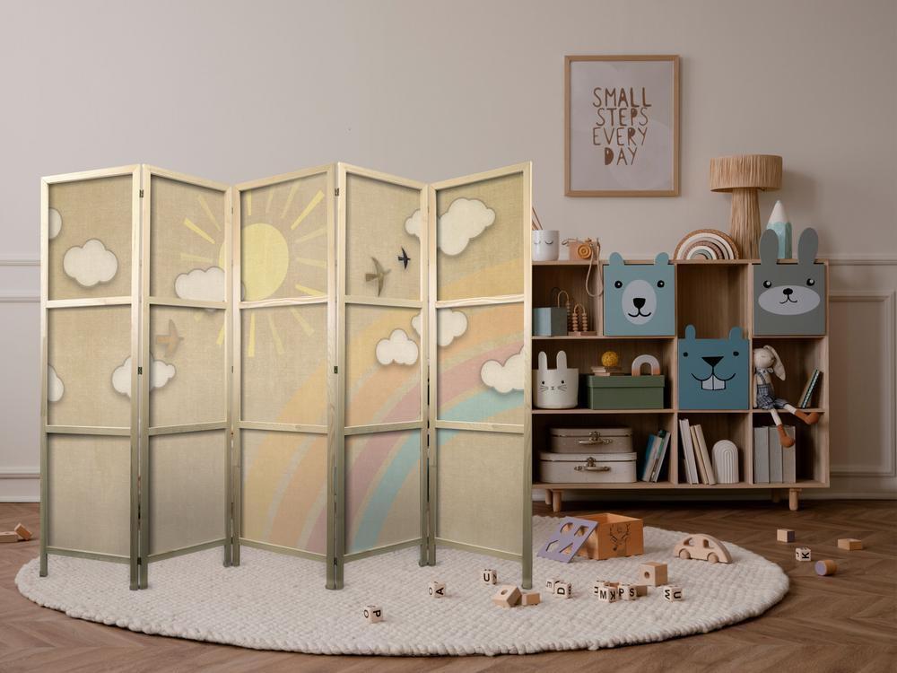 Japanese Room Divider - Holiday Sky - A rainbow on a sunny day and flying birds