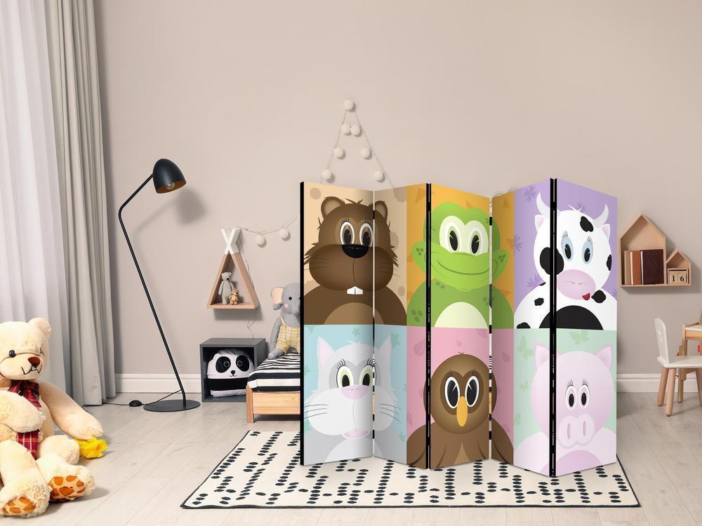 Room Divider - Cheerful animals II- A 5 Panel Folding Screen For Living rooms, bedrooms or home office, decorative folding screen made with wood and canvas