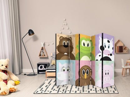 Room Divider - Cheerful animals II- A 5 Panel Folding Screen For Living rooms, bedrooms or home office, decorative folding screen made with wood and canvas