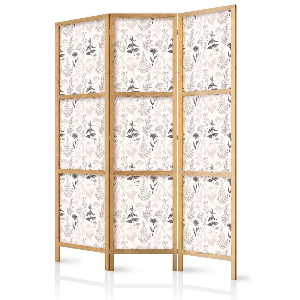 Japanese Room Divider - Botanical Illustration - Drawing of Flowers and Herbs - Beige Grays