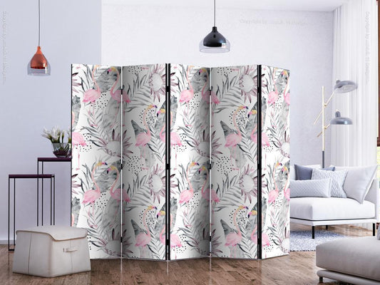 Decorative partition-Room Divider - Flamingos and Twigs II-Folding Screen Wall Panel by ArtfulPrivacy