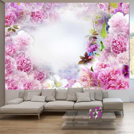 Wall Mural - Scent of Carnations - Abstract Floral Motif with Inscriptions and Clouds-Wall Murals-ArtfulPrivacy