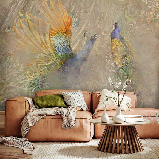 Wall Mural - Peacocks in dance - bird motif among an abstract pattern with ornaments-Wall Murals-ArtfulPrivacy