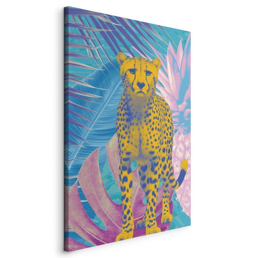 Canvas Print - Exotic Leopard - Colorful Portrait of a Cheetah Against Tropical Leaves