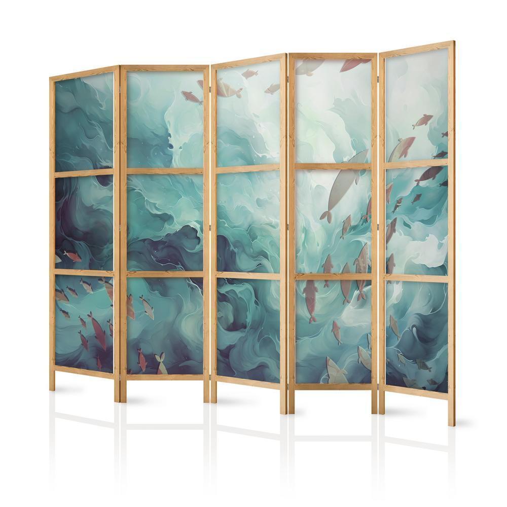 Japanese Room Divider - Escaping Fish - Very Fast Swimming Fish in Muted Colors Among Ocean Depths