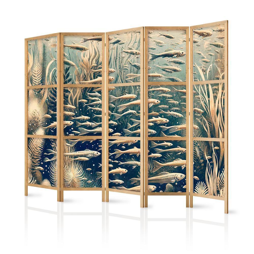 Japanese Room Divider - Life in The Ocean - Underwater World of Fish And Vegetation in Beige And Navy Colors in Retro Style