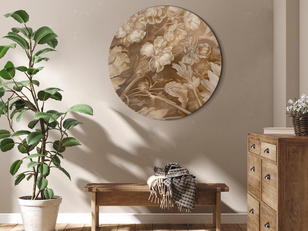 Round Canvas Print - Floral Ornaments Carved in Delicate Sepia and Brown Shades