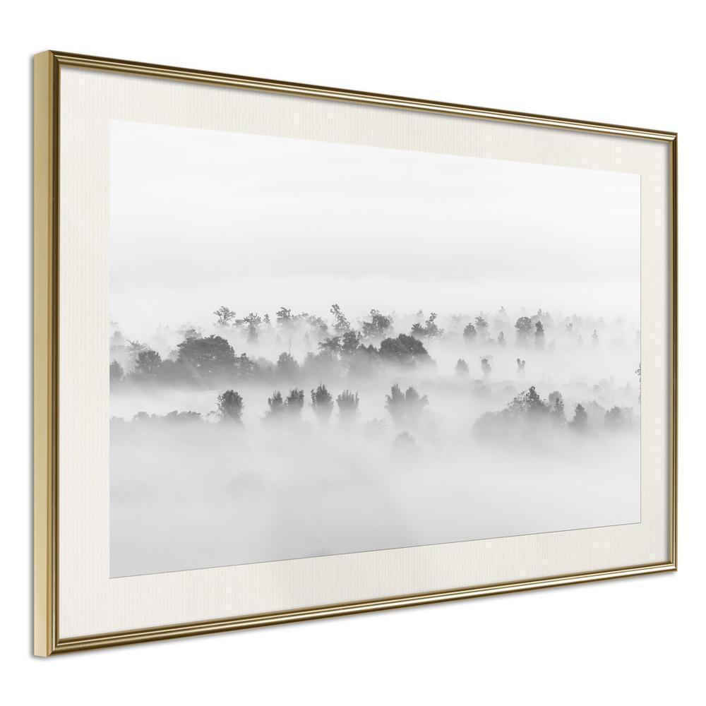 Black and White Framed Poster - Fog Over the Forest-artwork for wall with acrylic glass protection
