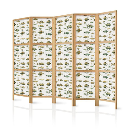 Japanese Room Divider - Unusual Species of Fish - a Cluster of Fish in Muted Colors in Retro Style Against a Background of Beige Streaks