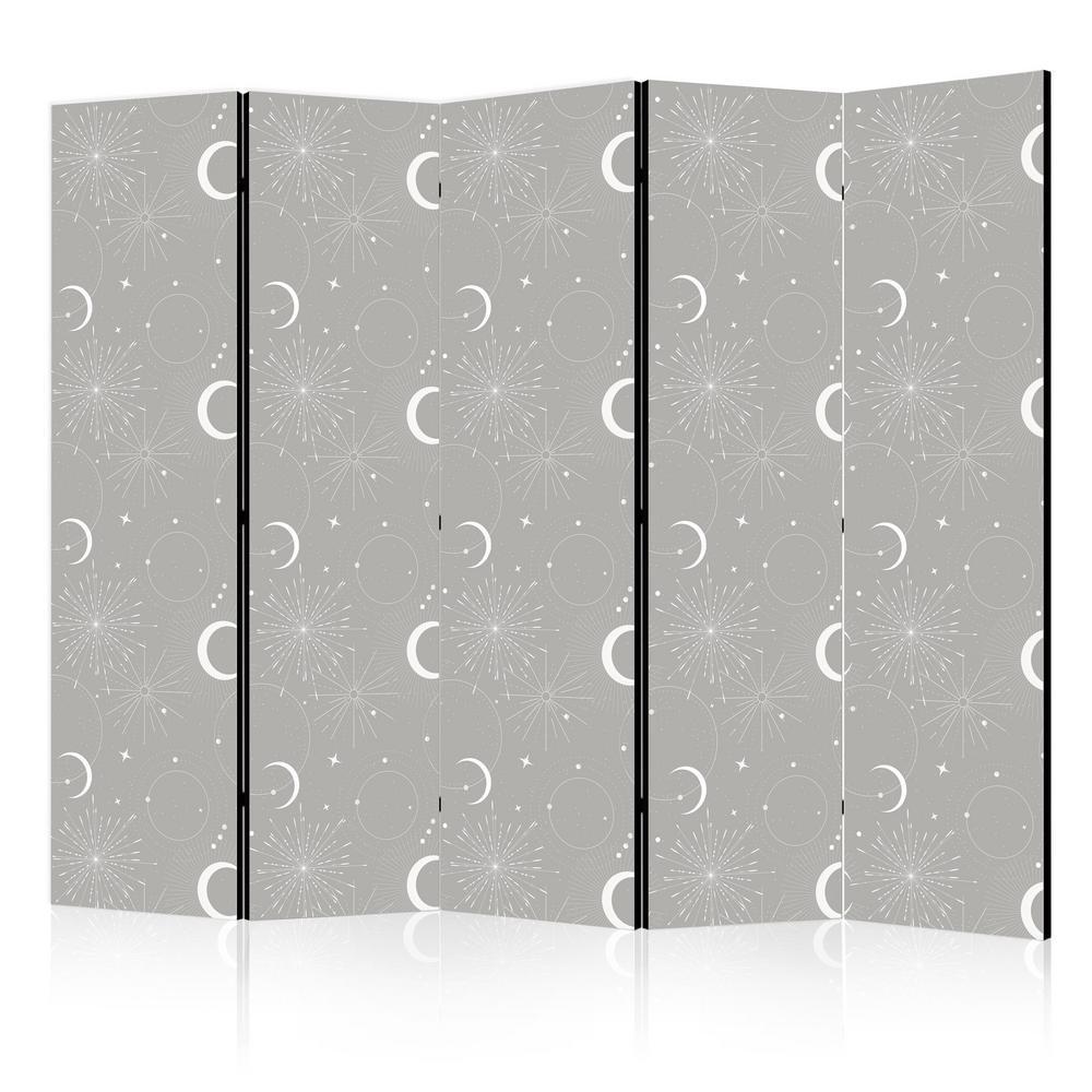 Room Divider - Cosmic Fireworks - Elegant Pattern with Moons and Stars on a Gray Background- A 5 Panel Folding Screen For Living rooms, bedrooms or home office, decorative folding screen made with wood and canvas