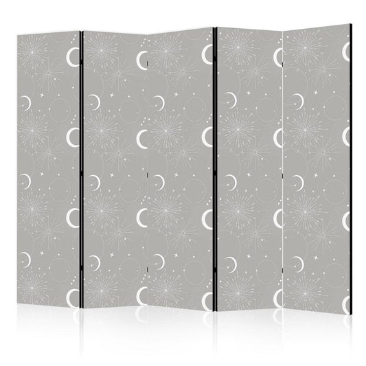 Room Divider - Cosmic Fireworks - Elegant Pattern with Moons and Stars on a Gray Background- A 5 Panel Folding Screen For Living rooms, bedrooms or home office, decorative folding screen made with wood and canvas