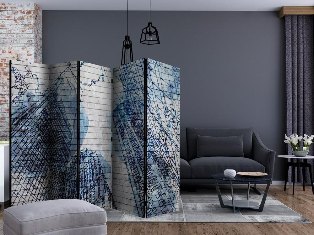 Room Divider - Inky New York II- A 5 Panel Folding Screen For Living rooms, bedrooms or home office, decorative folding screen made with wood and canvas