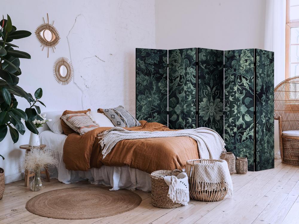 Room Divider - Oriental Carpet Pattern - Emerald Ornaments and Rubbed Patterns- A 5 Panel Folding Screen For Living rooms, bedrooms or home office, decorative folding screen made with wood and canvas