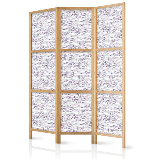 Japanese Room Divider - Fish in Muted Colors - Shoal of Small Fish in Light Violet and Delicate Pink on a Background of Gray Waves