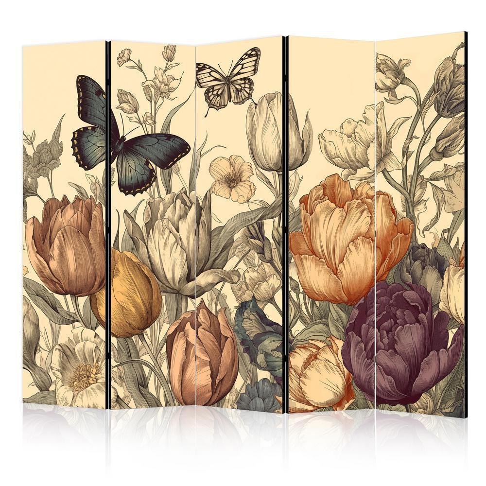 Room Divider - Tulips in Cream - Illustration of Flowers and Butterflies on a Light Background- A 5 Panel Folding Screen For Living rooms, bedrooms or home office, decorative folding screen made with wood and canvas