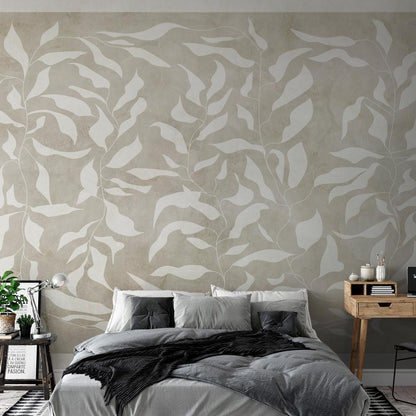 Papier peint - Feuilles blanches - motif végétal abstrait sur fond beige avec cadre