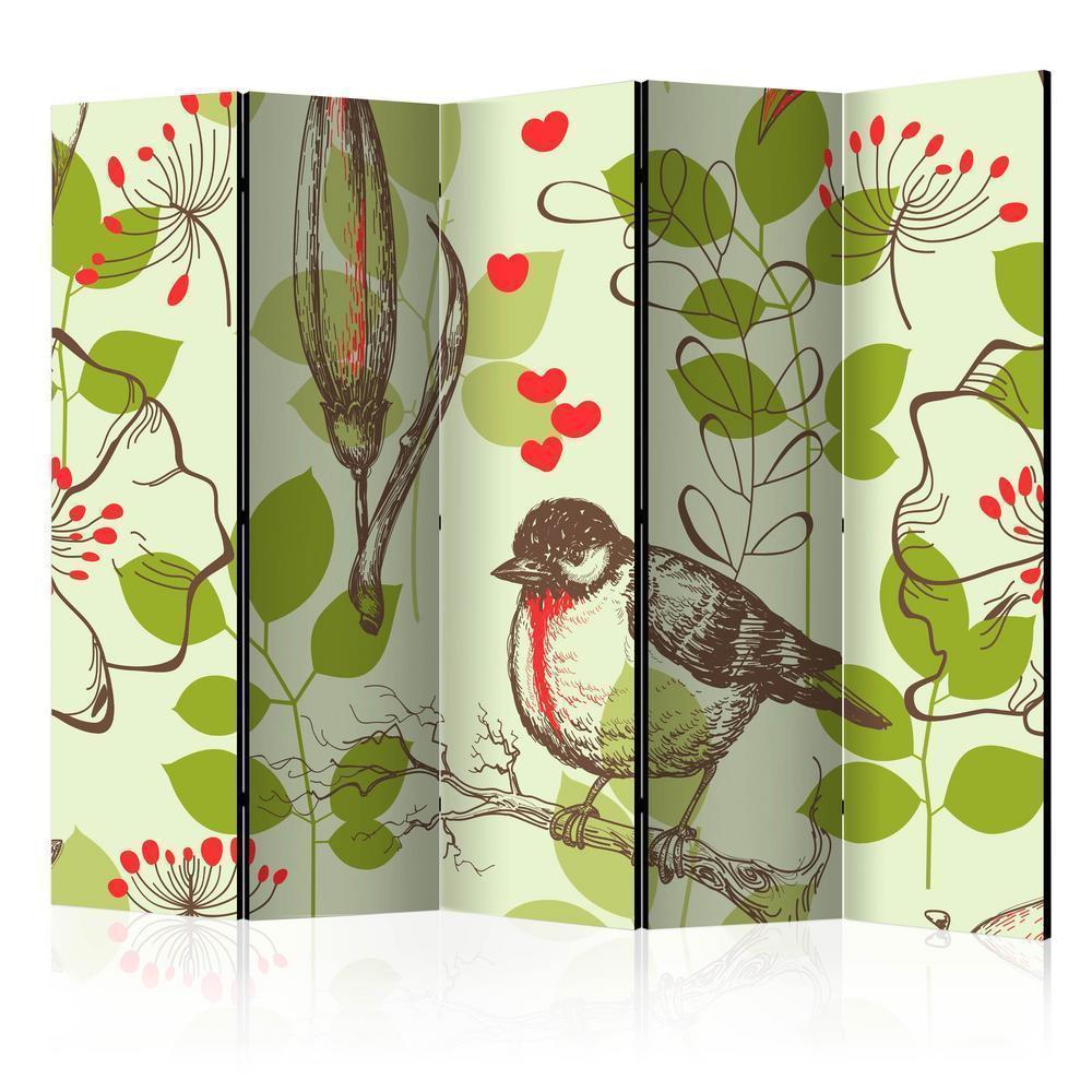 Room Divider - Bird and lilies vintage pattern II- A 5 Panel Folding Screen For Living rooms, bedrooms or home office, decorative folding screen made with wood and canvas