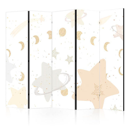 Room Divider - Fairy-Tale Galaxy - Moon Phases in Shades of Yellow Among Stars in Beige and Ash Colors with Stardust- A 5 Panel Folding Screen For Living rooms, bedrooms or home office, decorative folding screen made with wood and canvas