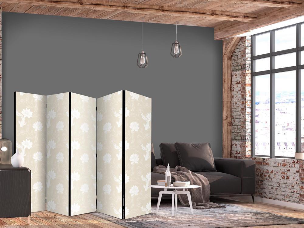 Room Divider - Fish and Water Lilies - Bright Oriental Fish Swimming Among Water Flowers on a Delicate Sand-Beige Background- A 5 Panel Folding Screen For Living rooms, bedrooms or home office, decorative folding screen made with wood and canvas