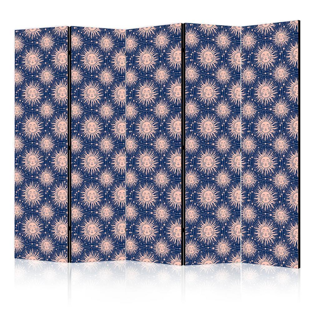 Room Divider - Sunny Patterns - Repeating Sun Motif on a Navy Background- A 5 Panel Folding Screen For Living rooms, bedrooms or home office, decorative folding screen made with wood and canvas