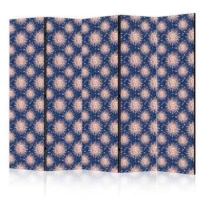 Room Divider - Sunny Patterns - Repeating Sun Motif on a Navy Background- A 5 Panel Folding Screen For Living rooms, bedrooms or home office, decorative folding screen made with wood and canvas